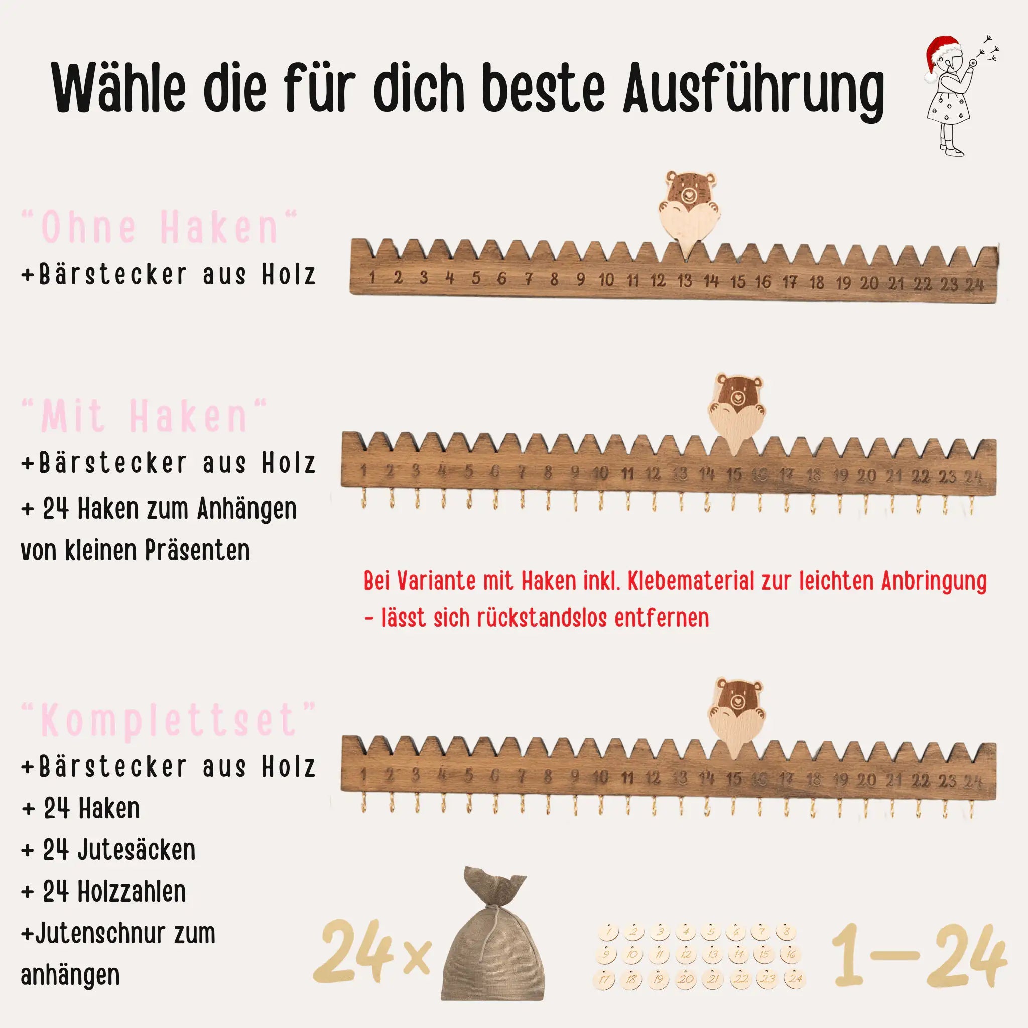 Adventskalender Holz - "Holzleiste mit Weihnachtsbär" - wunderwunsch