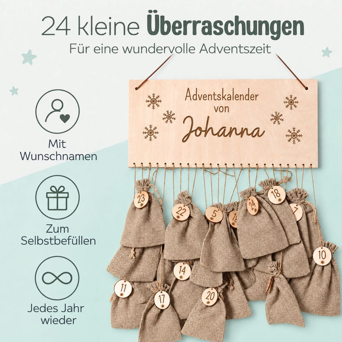 Adventskalender personalisiert - Schneeflocken Gravur - wunderwunsch