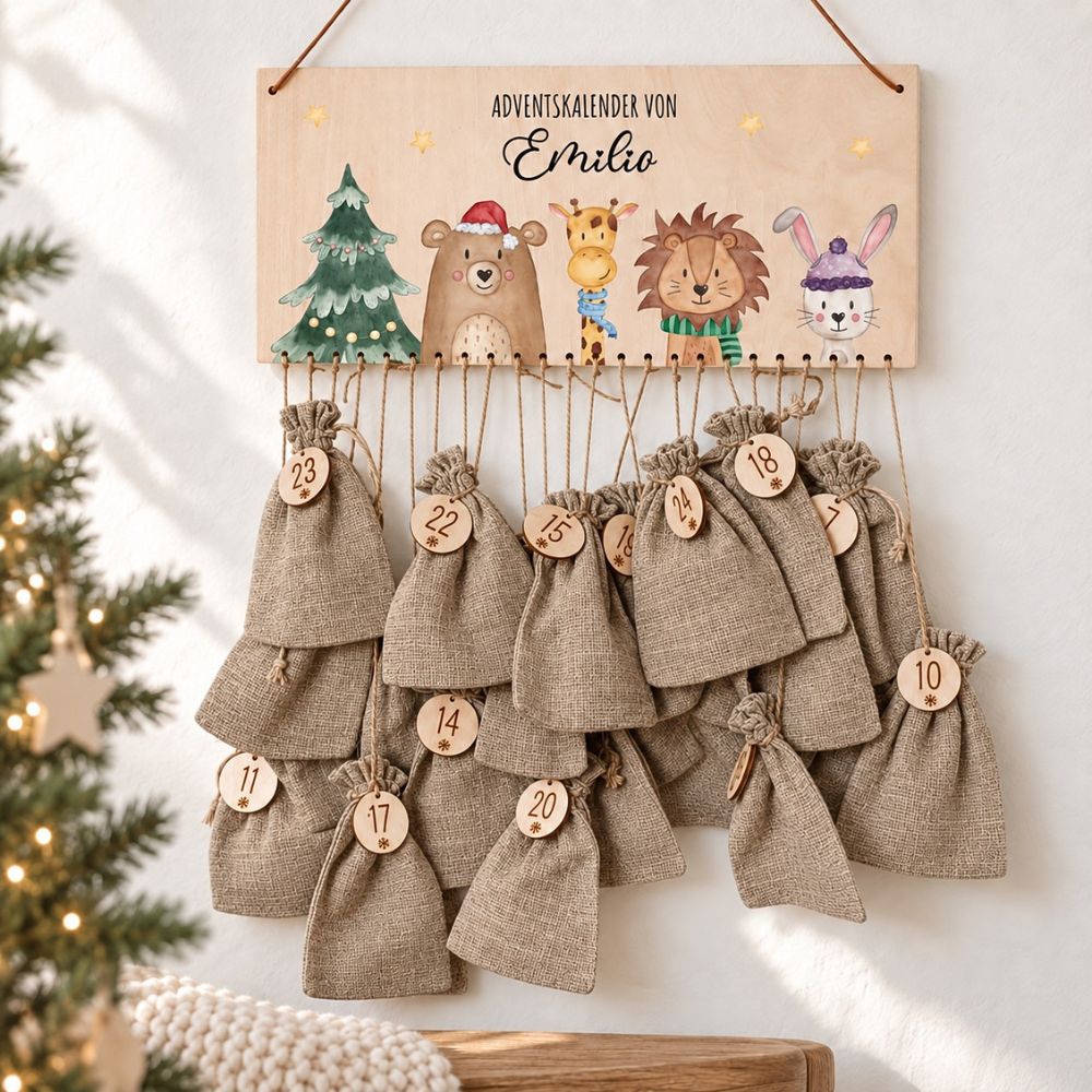 Adventskalender personalisiert - Weihnachtsbaum Tiere Aquarell - wunderwunsch