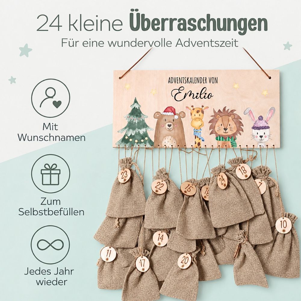Adventskalender personalisiert - Weihnachtsbaum Tiere Aquarell - wunderwunsch