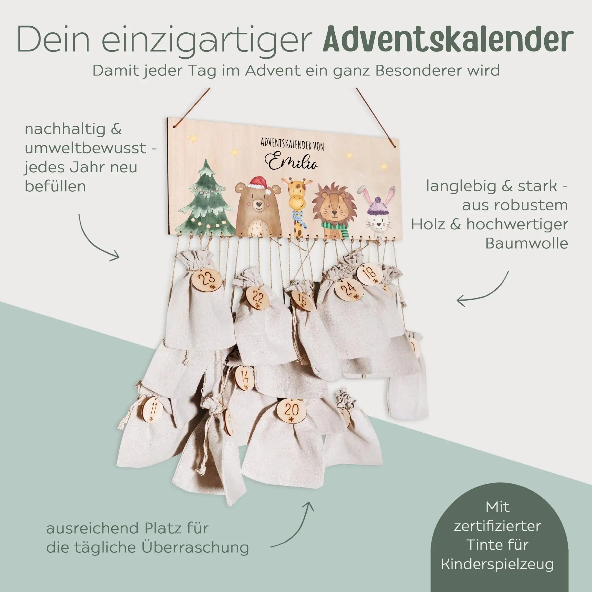 Adventskalender personalisiert - "Weihnachtsbaum Tiere" Aquarell - wunderwunsch