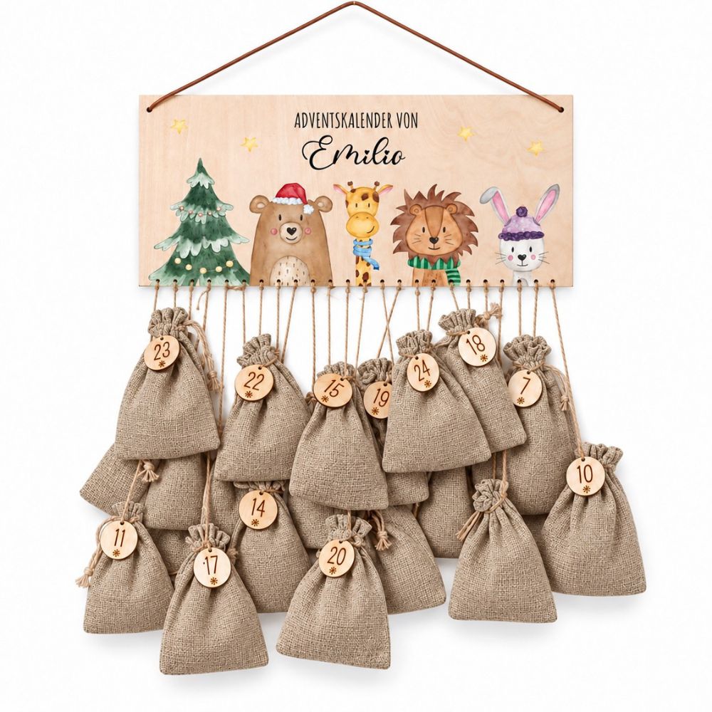 Adventskalender personalisiert - Weihnachtsbaum Tiere Aquarell - wunderwunsch