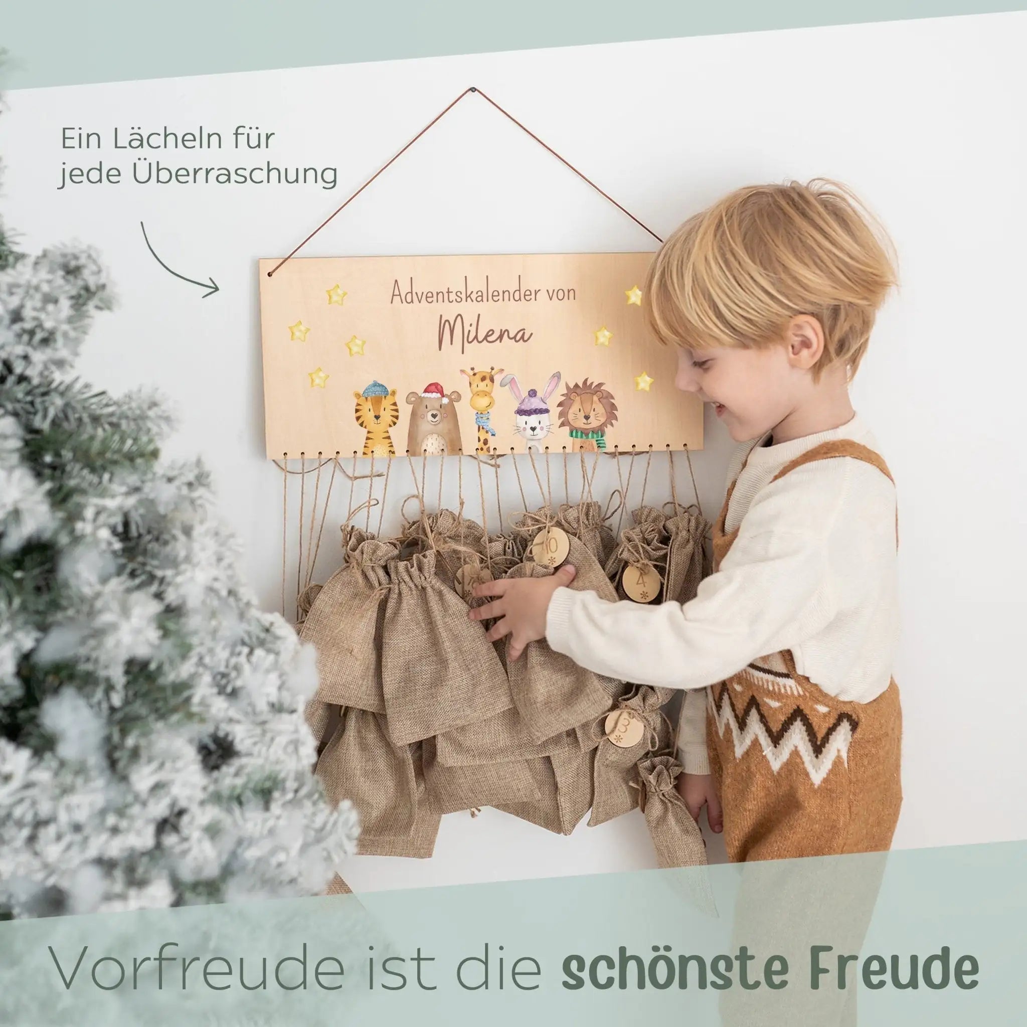 Adventskalender personalisiert - "Weihnachtstiere unten Sterne" Aquarell - wunderwunsch