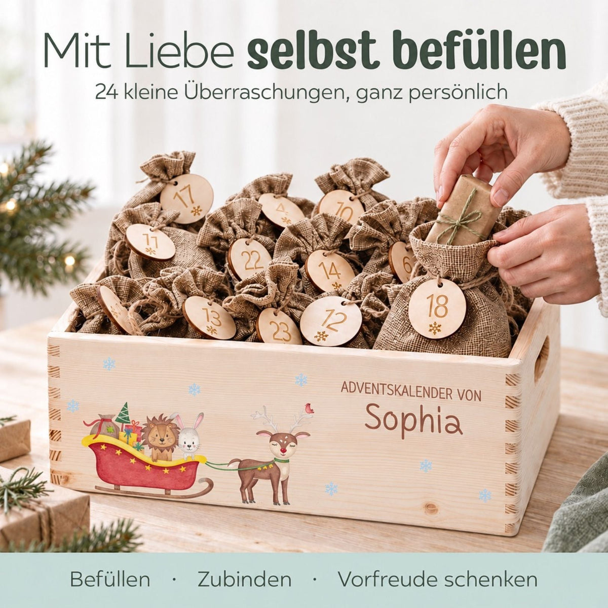 Adventskiste personalisiert - "Schlitten Tiere" Aquarell - wunderwunsch