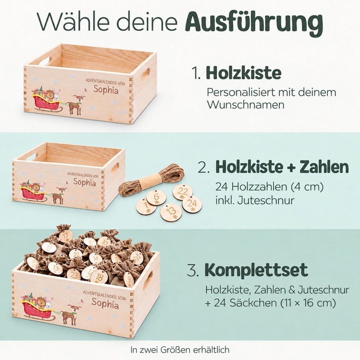 Adventskiste personalisiert - "Schlitten Tiere" Aquarell - wunderwunsch