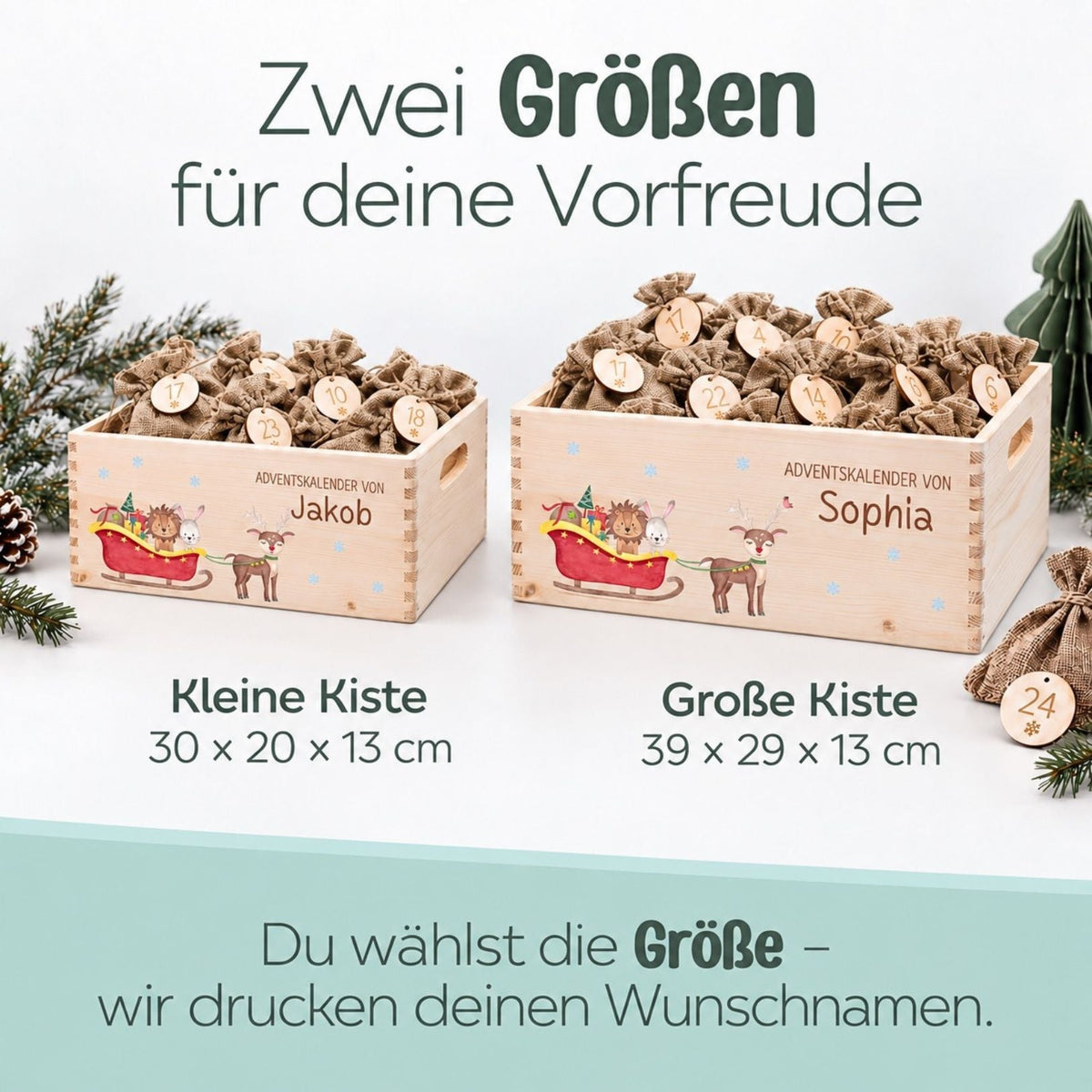 Adventskiste personalisiert - "Schlitten Tiere" Aquarell - wunderwunsch