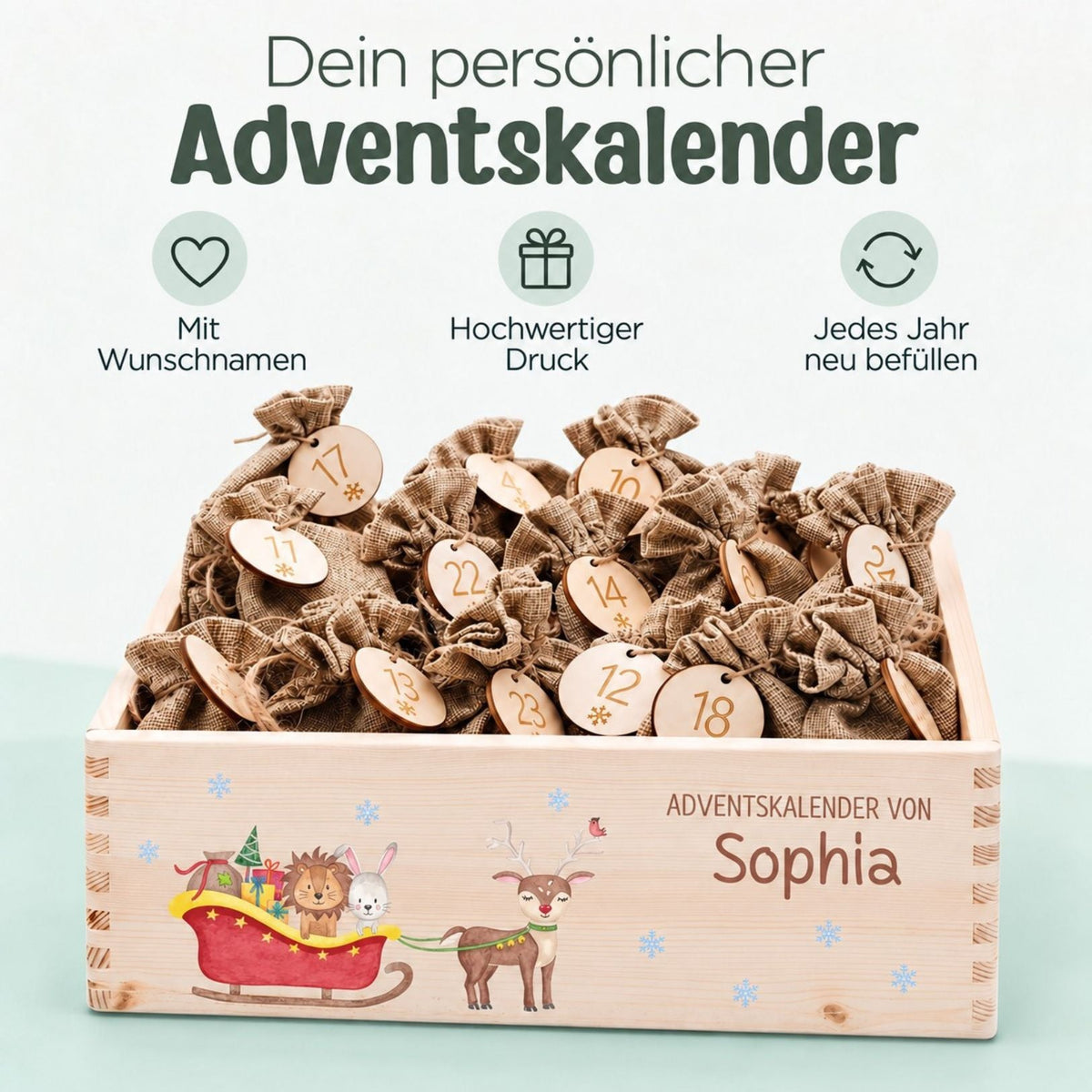 Adventskiste personalisiert - "Schlitten Tiere" Aquarell - wunderwunsch