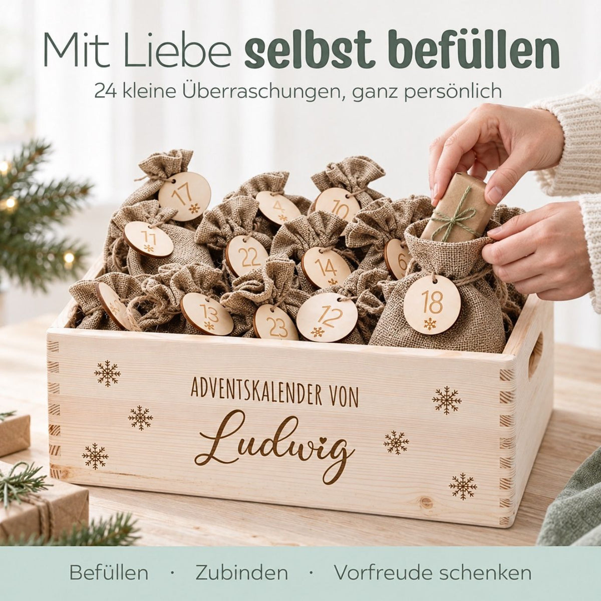 Adventskiste personalisiert - Schneeflocken Gravur - wunderwunsch