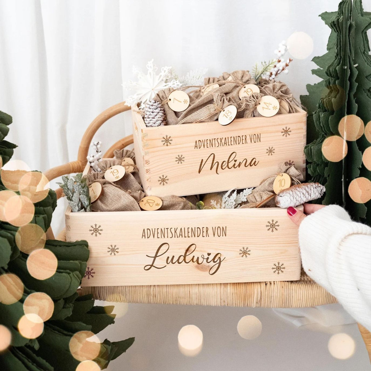 Adventskiste personalisiert - Schneeflocken Gravur - wunderwunsch