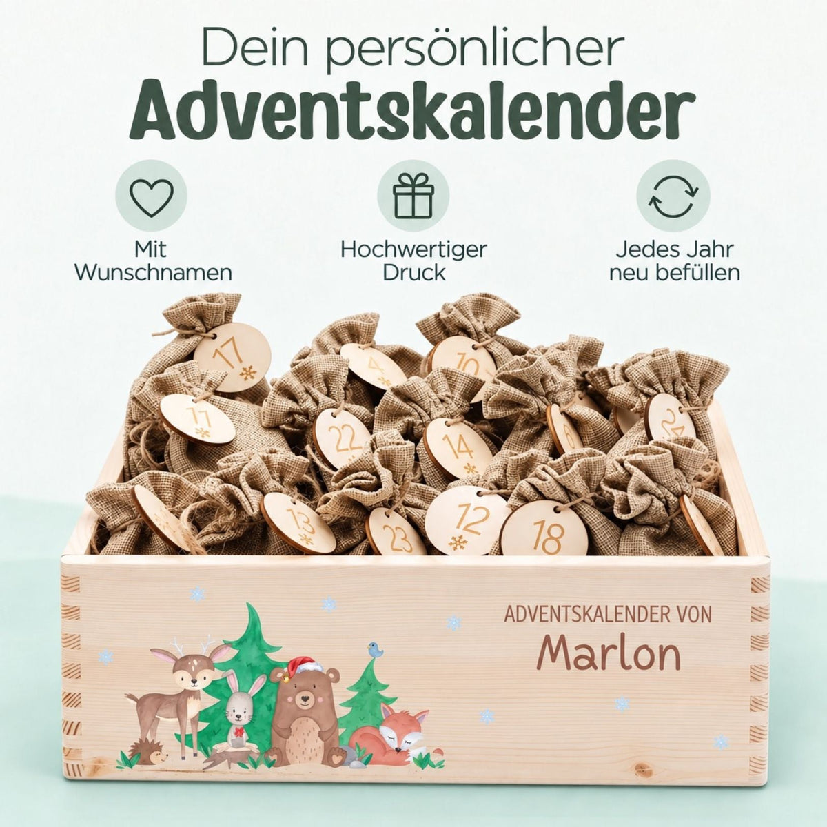 Adventskiste personalisiert - "Weihnachtliche Waldfreunde" Aquarell - wunderwunsch