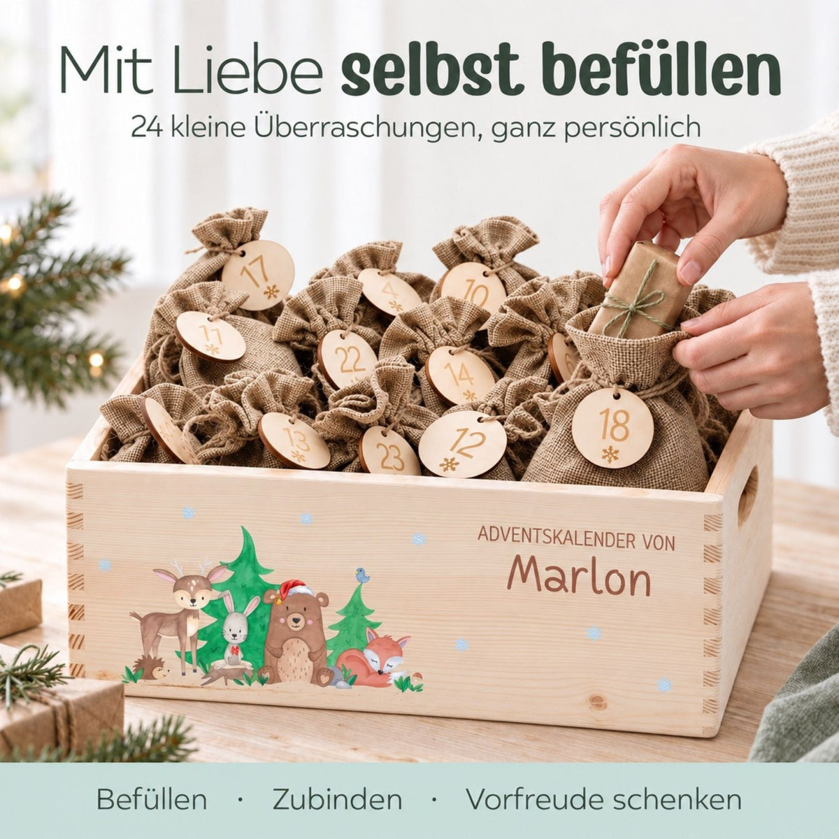 Adventskiste personalisiert - "Weihnachtliche Waldfreunde" Aquarell - wunderwunsch