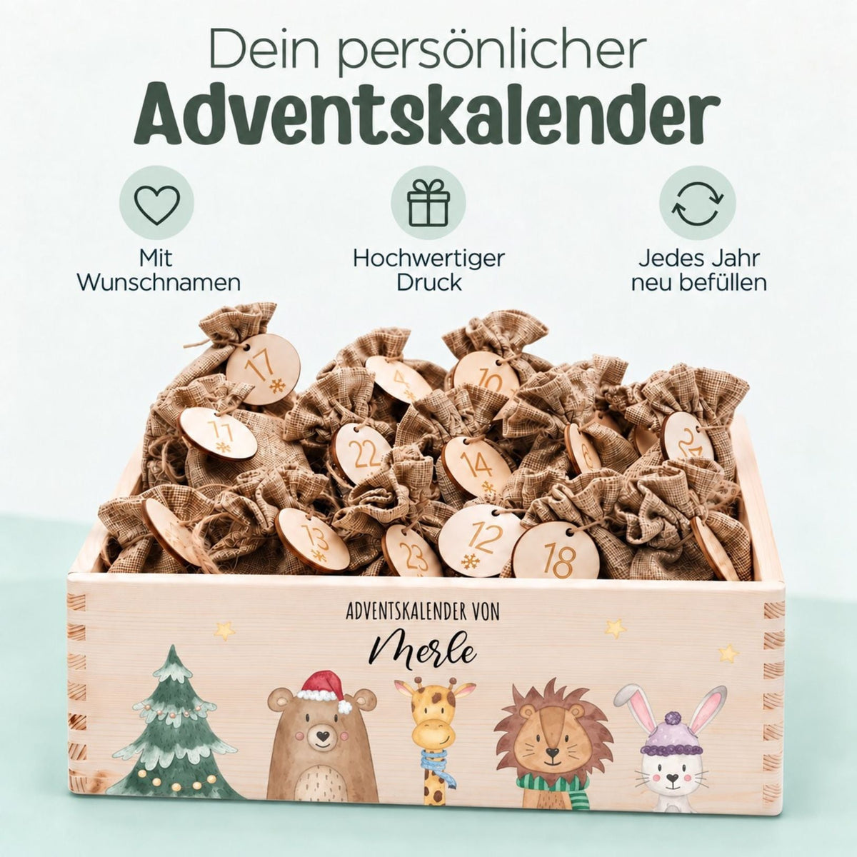 Adventskiste personalisiert - "Weihnachtsbaum Tiere" Aquarell - wunderwunsch