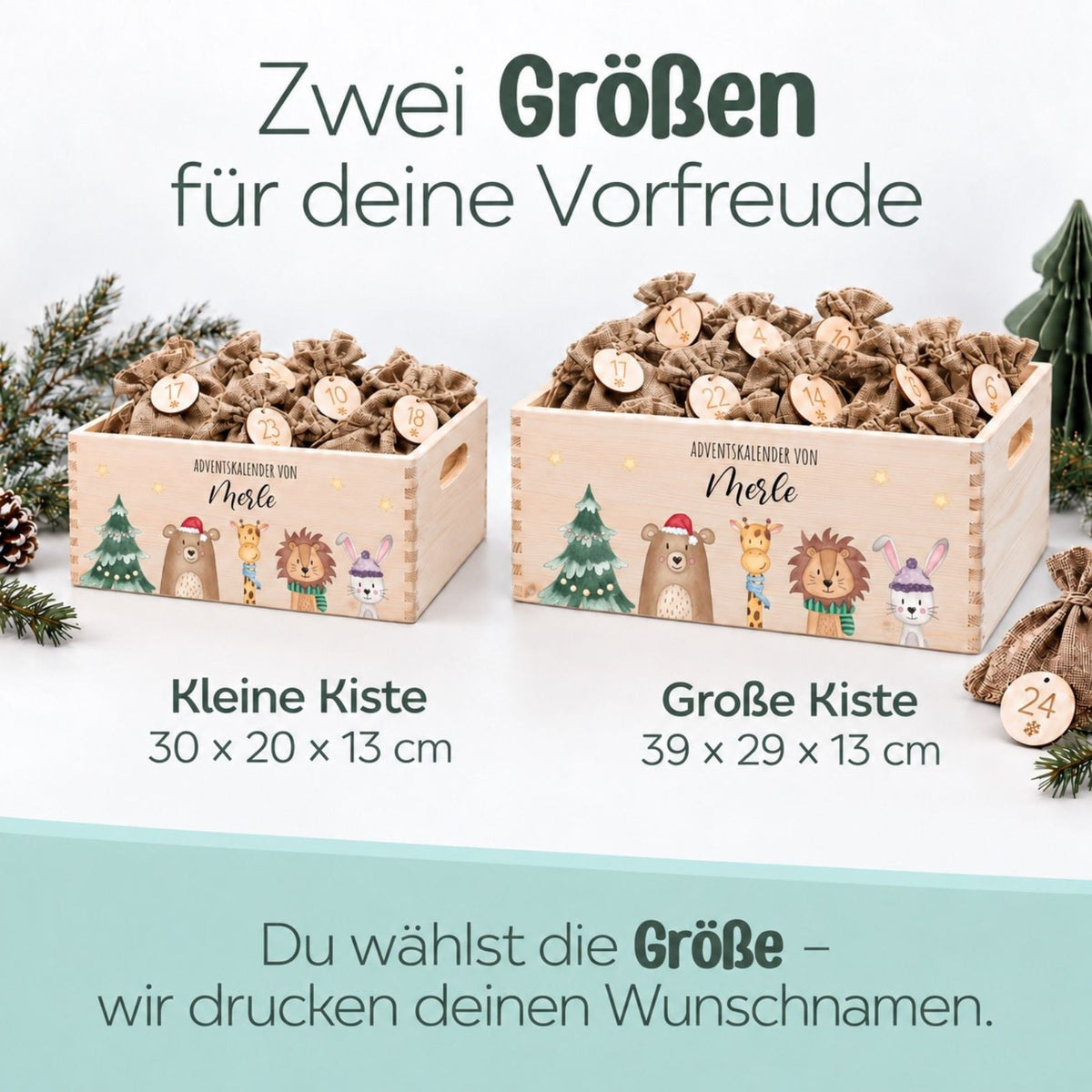 Adventskiste personalisiert - "Weihnachtsbaum Tiere" Aquarell - wunderwunsch