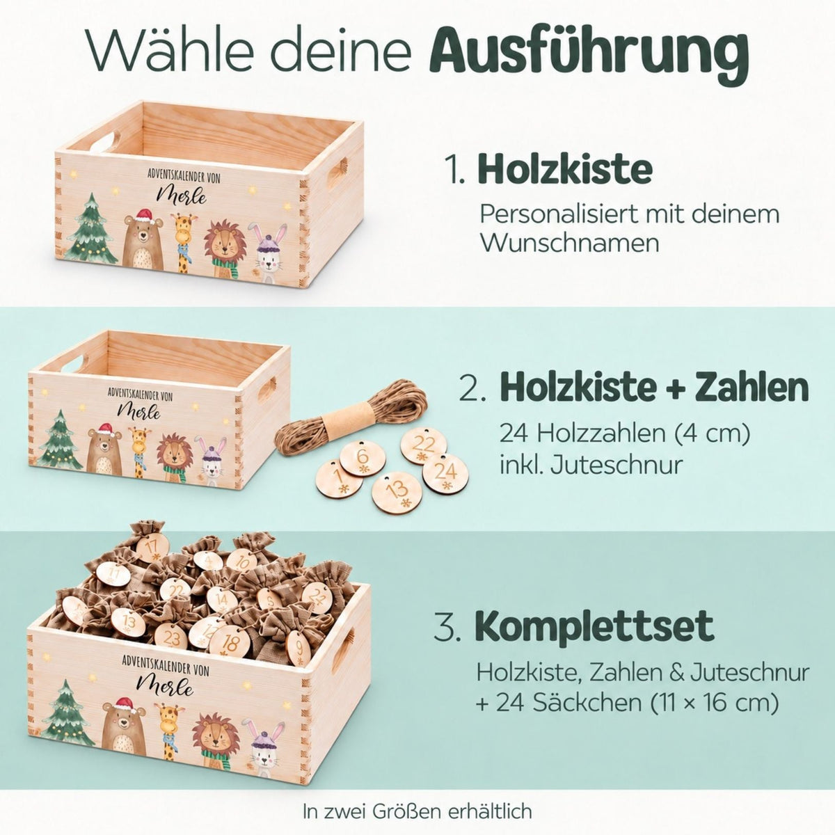Adventskiste personalisiert - "Weihnachtsbaum Tiere" Aquarell - wunderwunsch