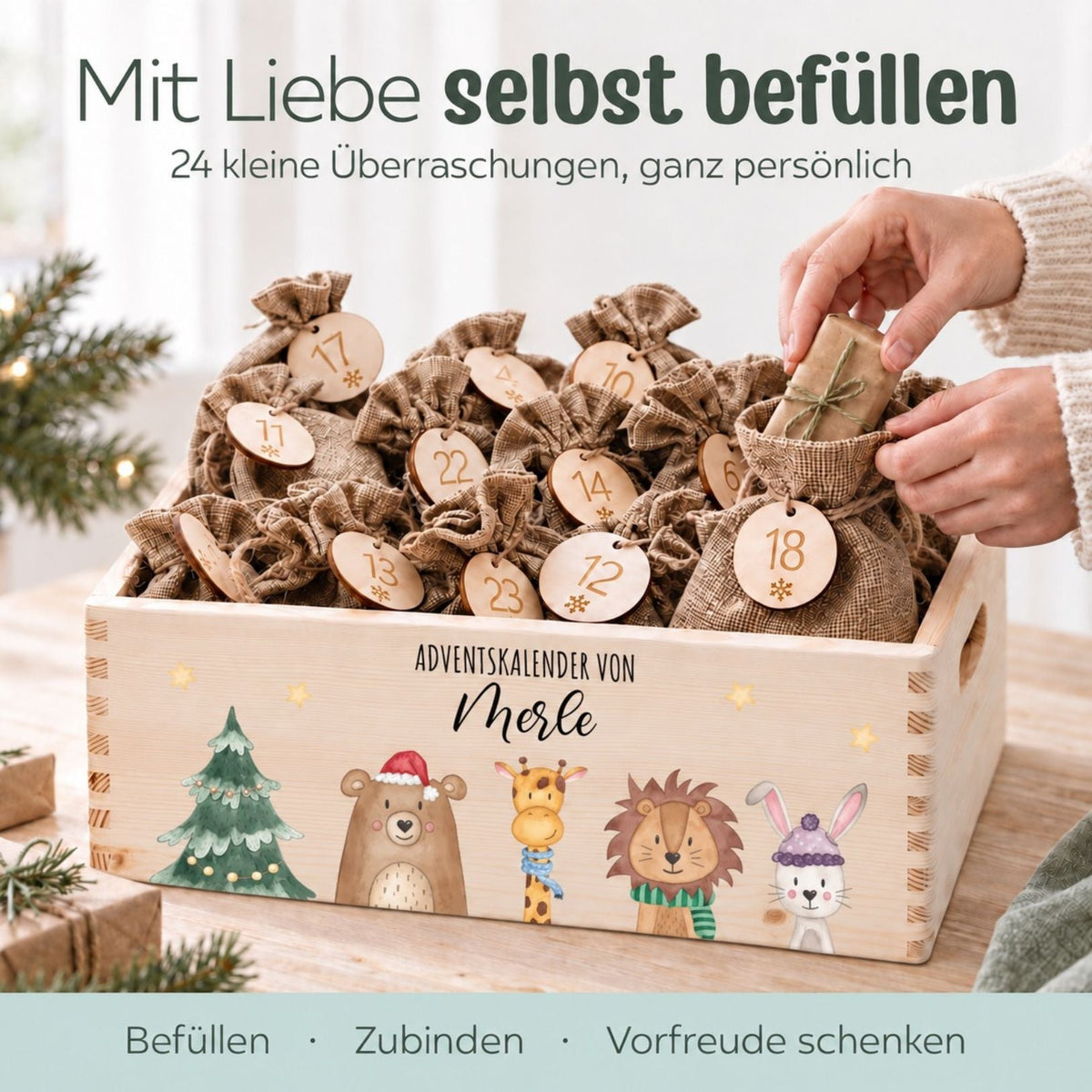 Adventskiste personalisiert - "Weihnachtsbaum Tiere" Aquarell - wunderwunsch