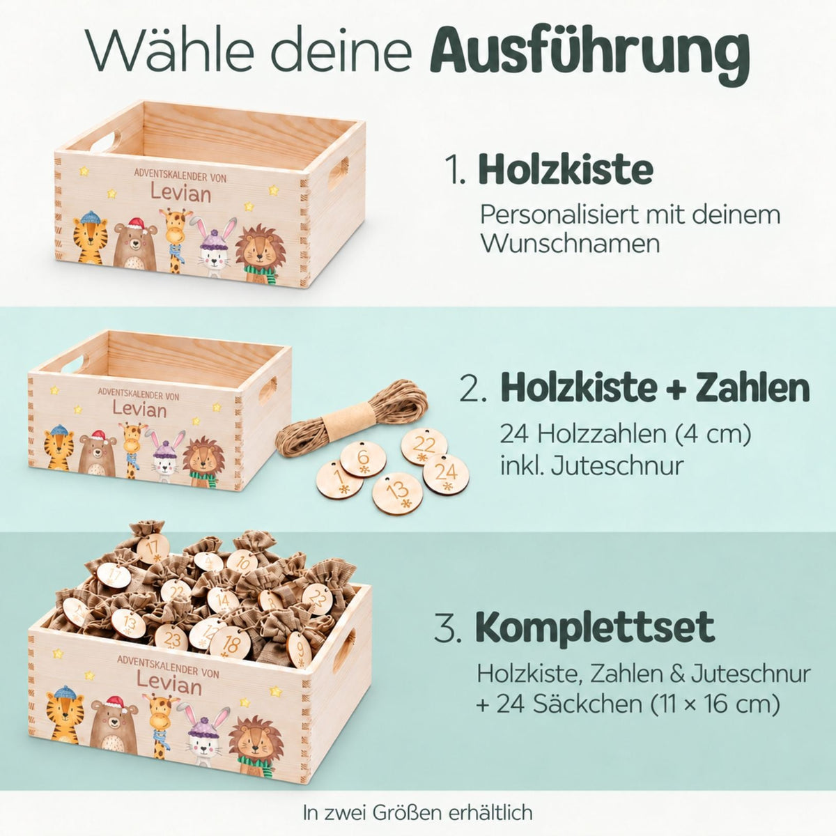 Adventskiste personalisiert - "Weihnachtstiere unten Sterne" Aquarell - wunderwunsch