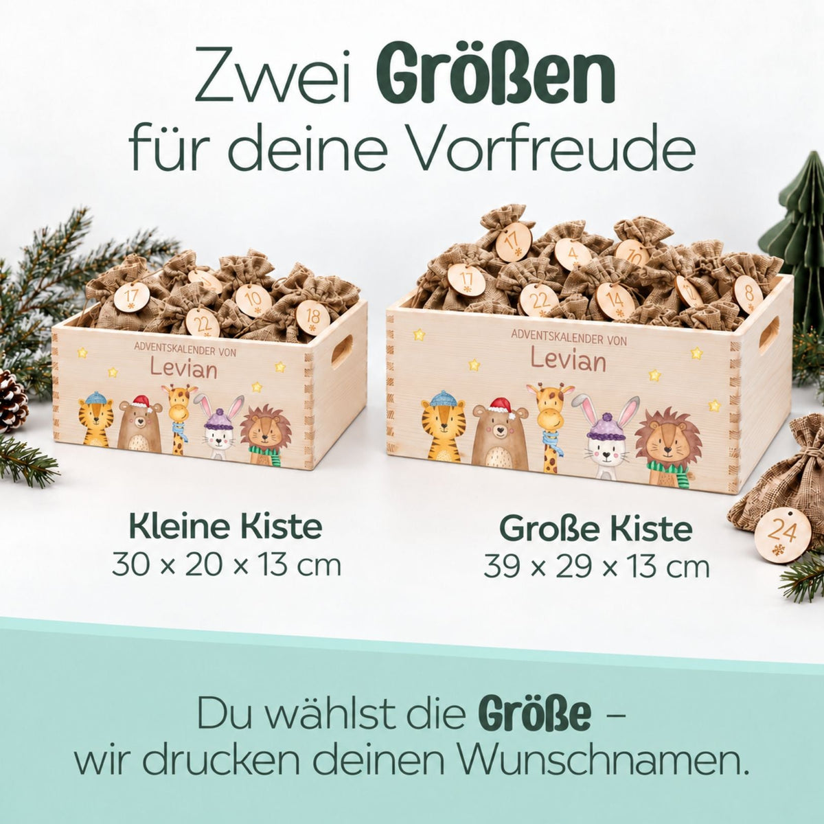 Adventskiste personalisiert - "Weihnachtstiere unten Sterne" Aquarell - wunderwunsch