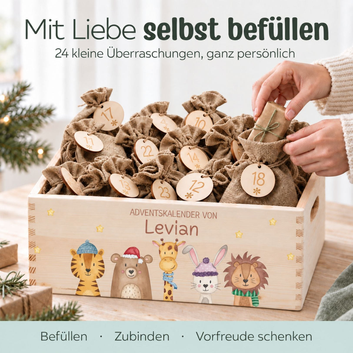 Adventskiste personalisiert - "Weihnachtstiere unten Sterne" Aquarell - wunderwunsch