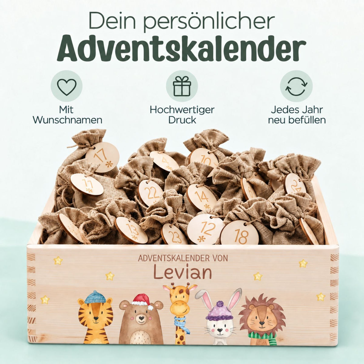Adventskiste personalisiert - "Weihnachtstiere unten Sterne" Aquarell - wunderwunsch