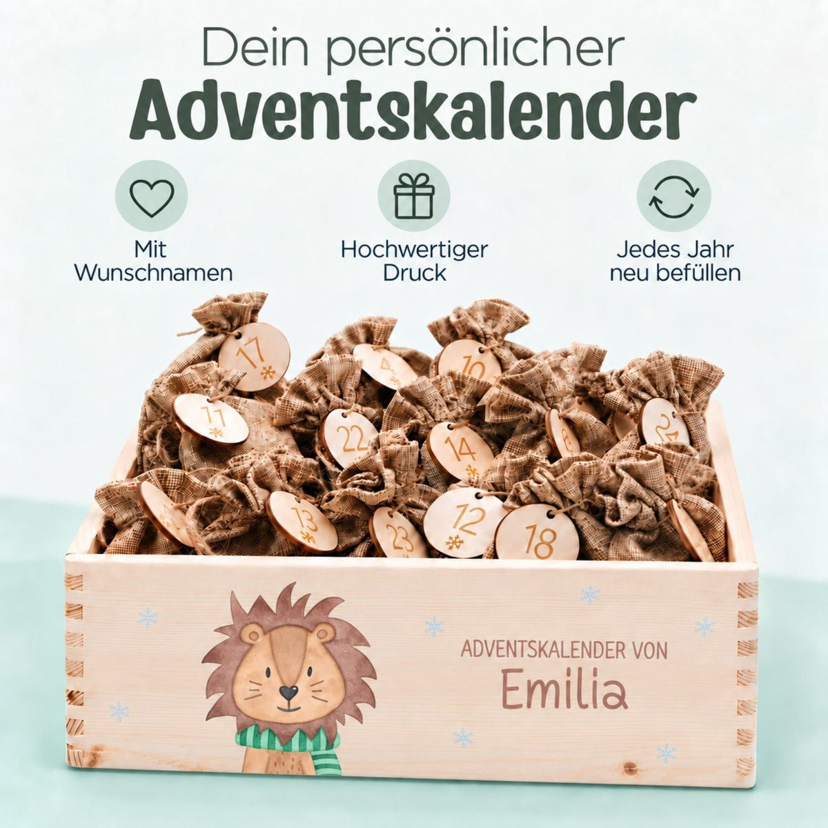 Adventskiste personalisiert - "Winterlöwe" Aquarell - wunderwunsch