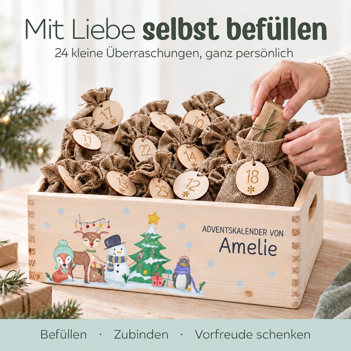 Adventskiste personalisiert - Winterwald Tiere Aquarell - wunderwunsch
