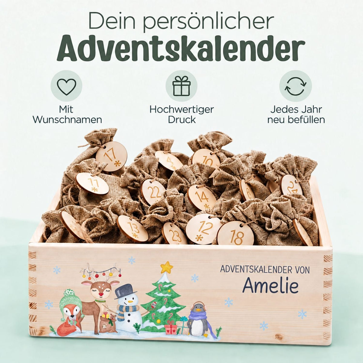 Adventskiste personalisiert - Winterwald Tiere Aquarell - wunderwunsch