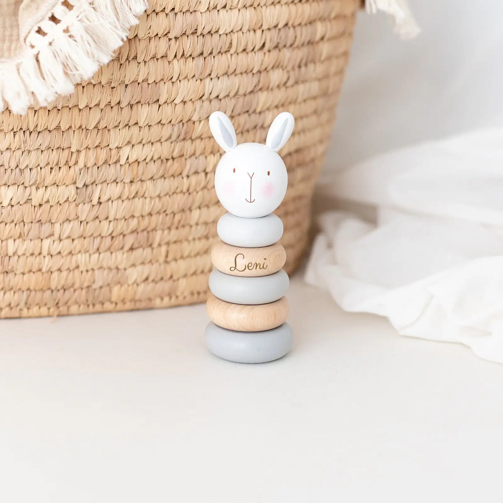 BAMBINO Stapelturm Tier Holz Pastellblau personalisierbar - wunderwunsch