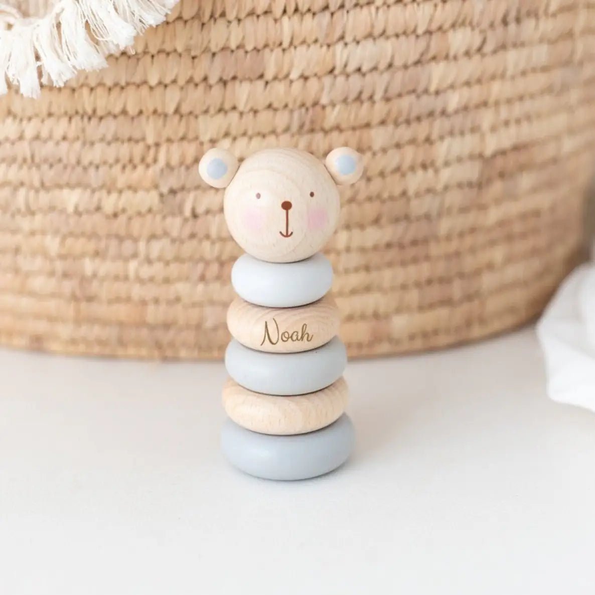 BAMBINO Stapelturm Tier Holz Pastellblau personalisierbar - wunderwunsch