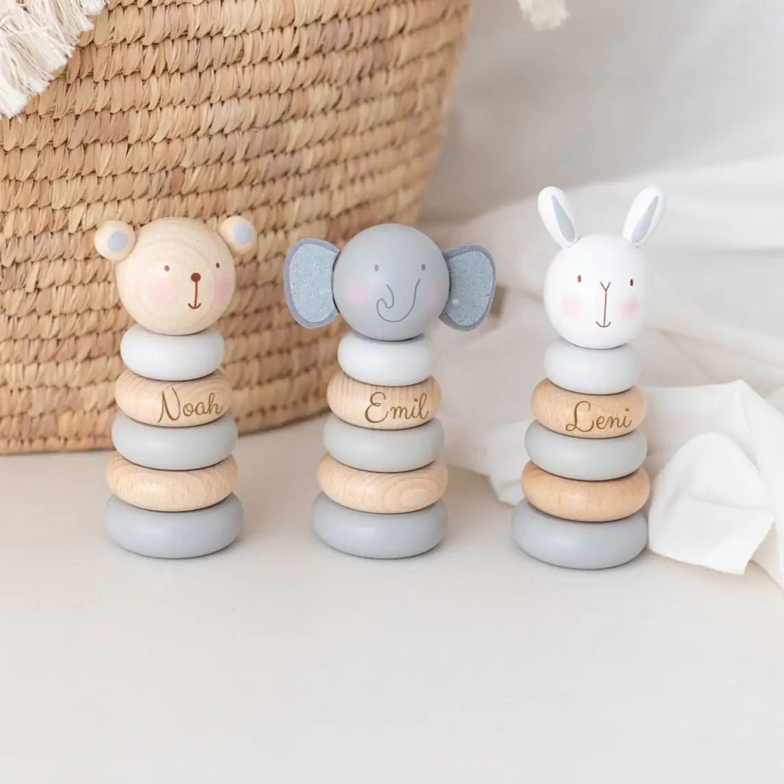 BAMBINO Stapelturm Tier Holz Pastellblau personalisierbar - wunderwunsch