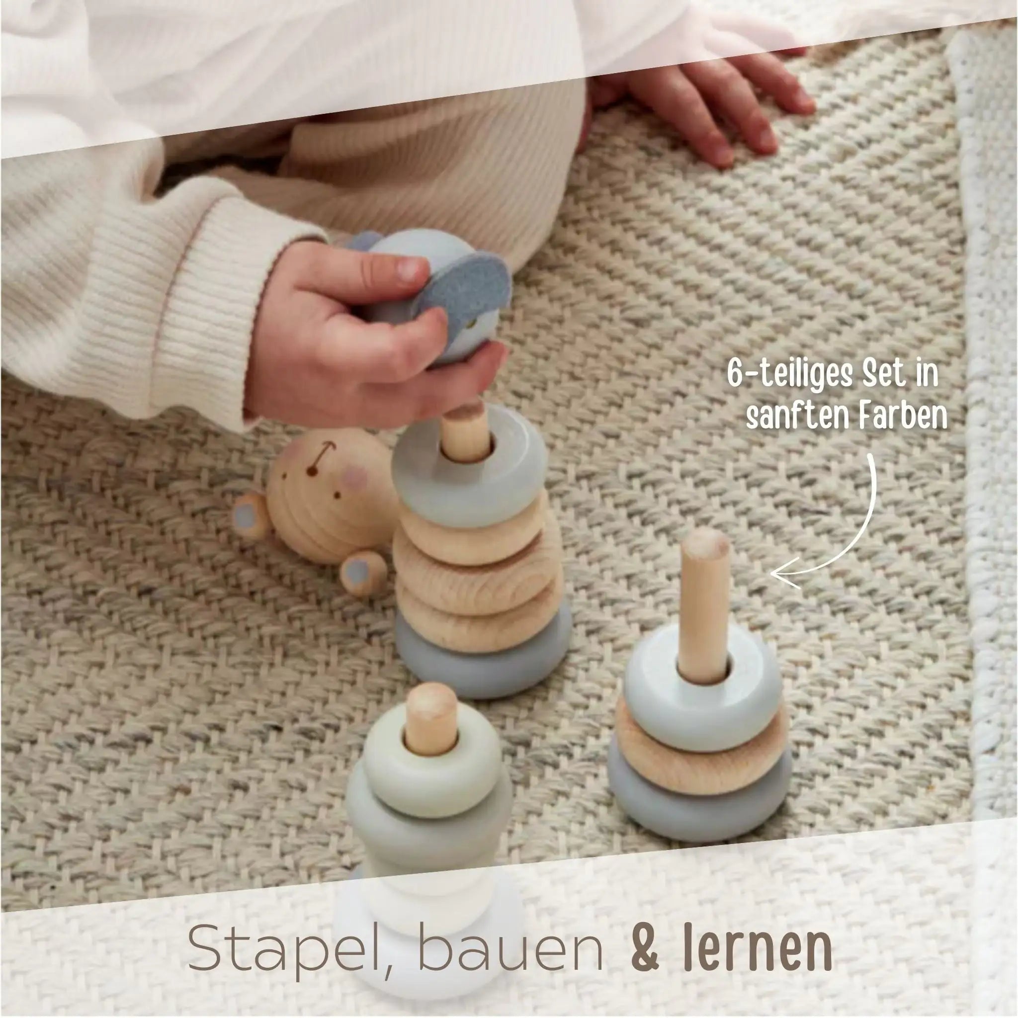 BAMBINO Stapelturm Tier Holz Pastellblau personalisierbar - wunderwunsch