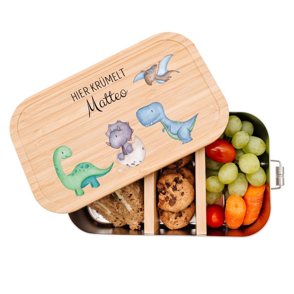 Brotdose Edelstahl personalisiert - Dinosaurier Aquarell - wunderwunsch