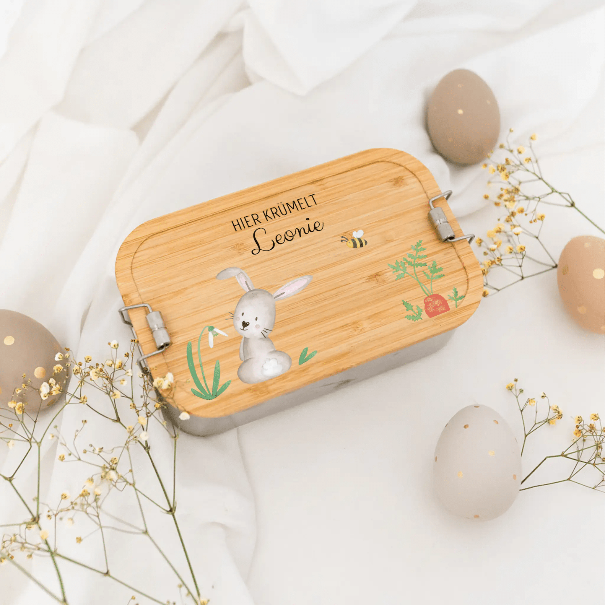 Brotdose Edelstahl personalisiert - Osterhase und Eiersuche Aquarell - wunderwunsch