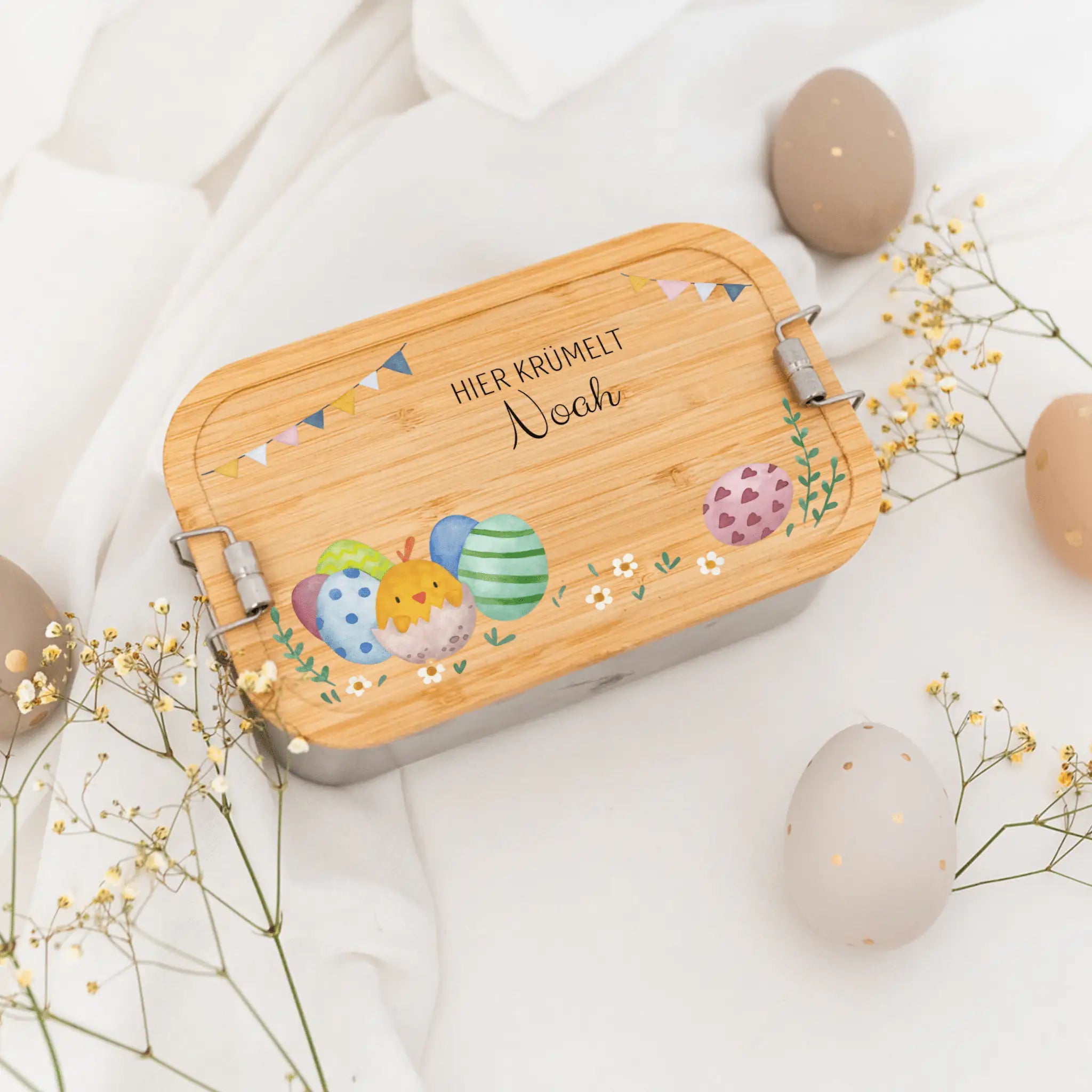 Brotdose Edelstahl personalisiert - Osterhase und Eiersuche Aquarell - wunderwunsch