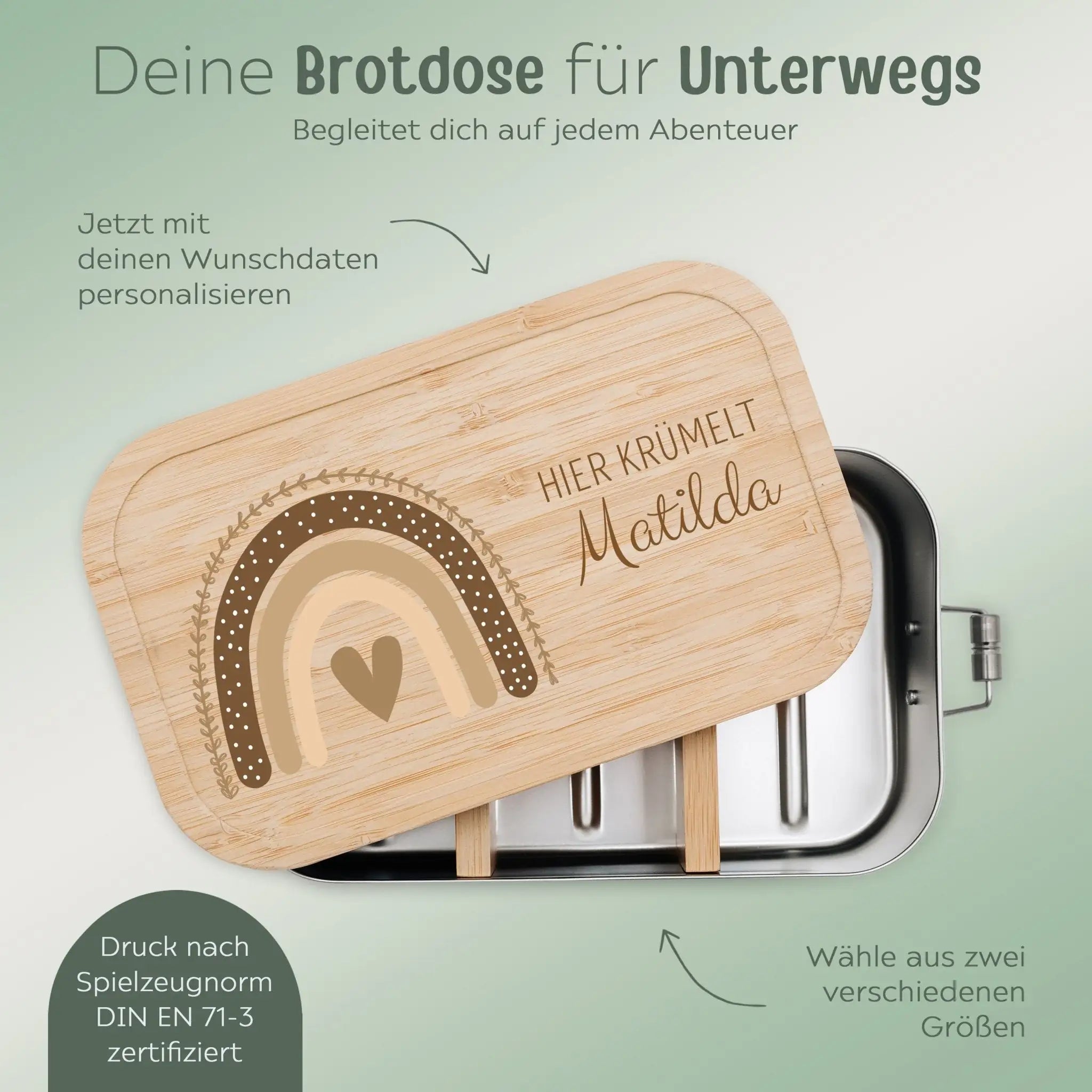 Brotdose Edelstahl personalisiert - Regenbogen Boho beige Aquarell - wunderwunsch