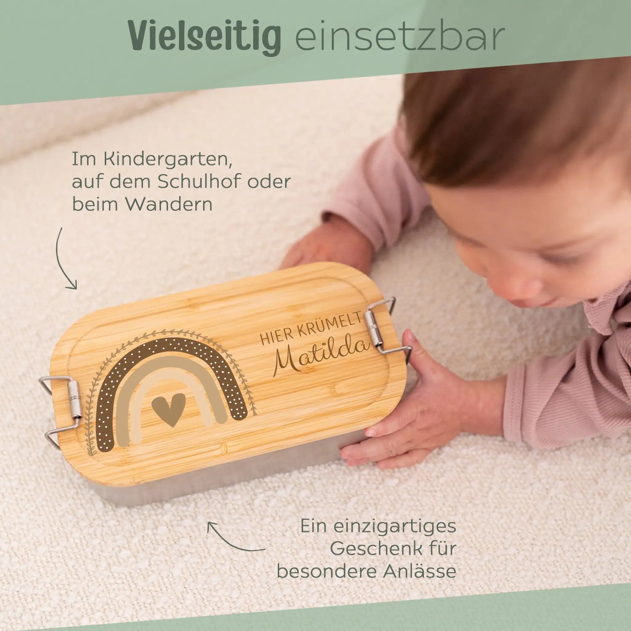 Brotdose Edelstahl personalisiert - Regenbogen Boho beige Aquarell - wunderwunsch