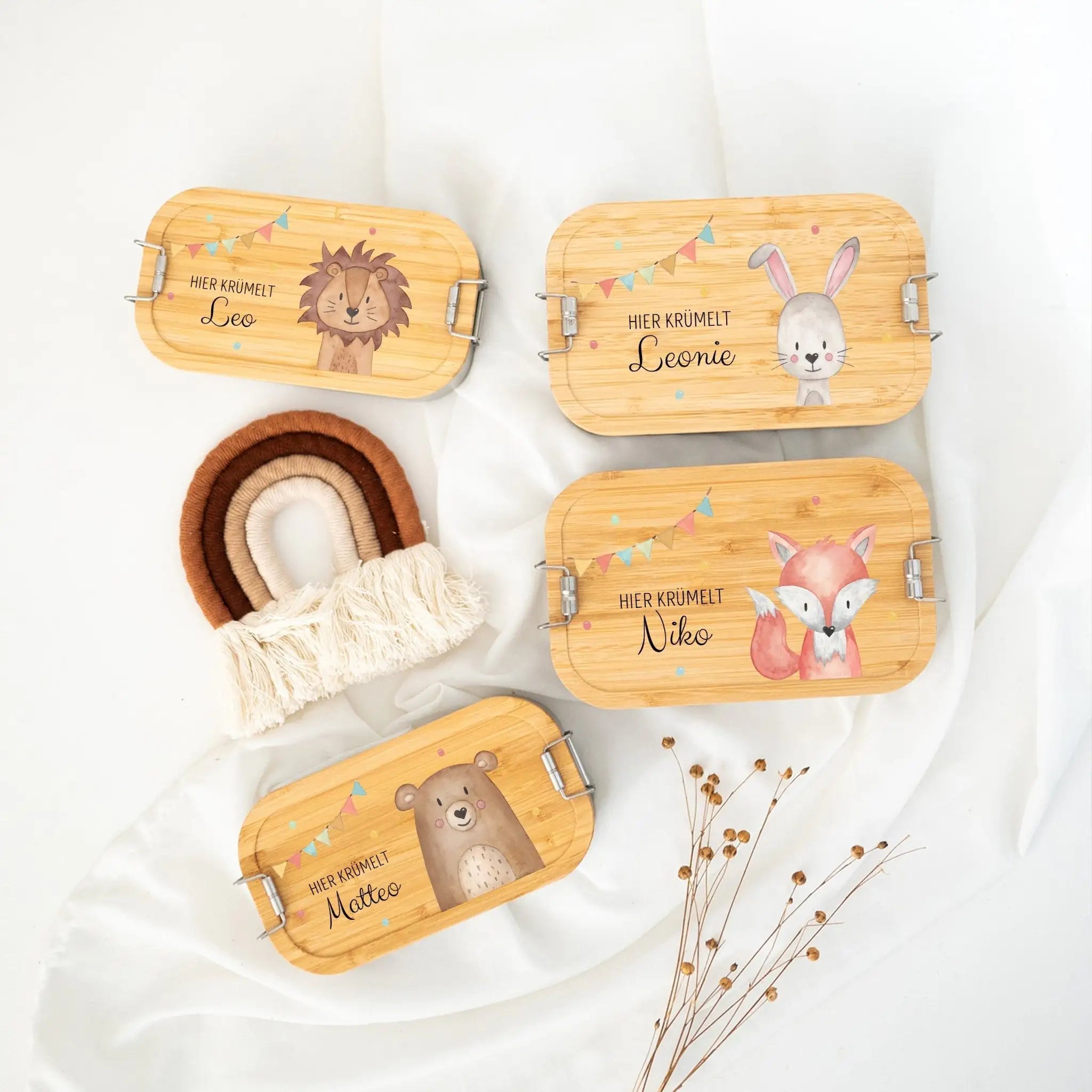 Brotdose Edelstahl personalisiert - Tier links Girlande Aquarell - wunderwunsch