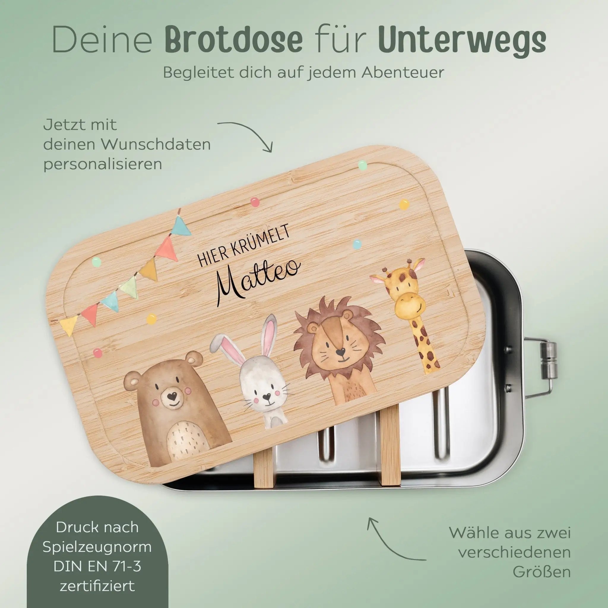 Brotdose Edelstahl personalisiert - Tiere unten Girlande Aquarell - wunderwunsch