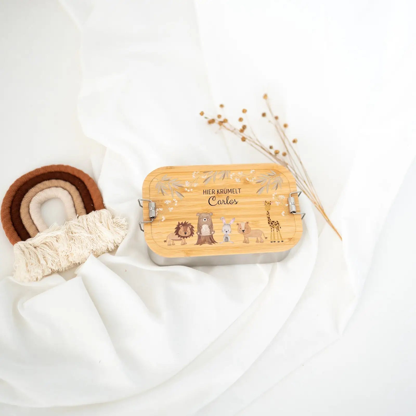 Brotdose Edelstahl personalisiert - Tiere Zweige beige Aquarell - wunderwunsch