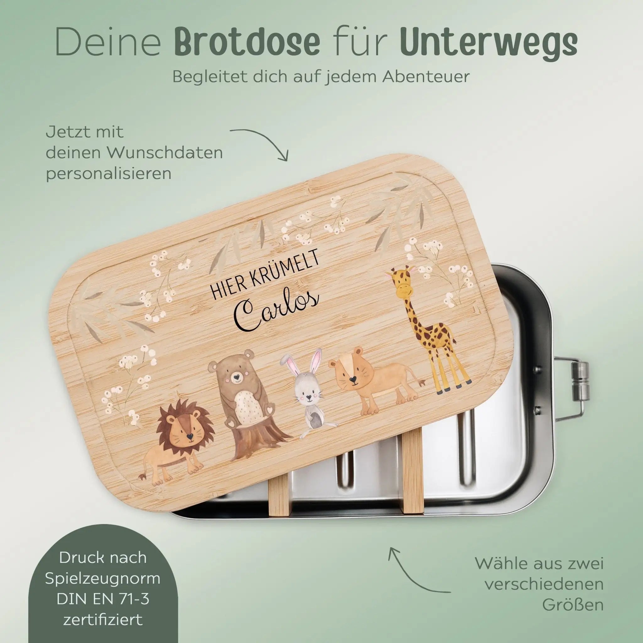Brotdose Edelstahl personalisiert - Tiere Zweige beige Aquarell - wunderwunsch