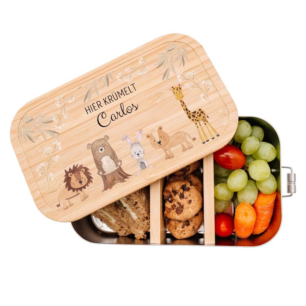 Brotdose Edelstahl personalisiert - Tiere Zweige beige Aquarell - wunderwunsch