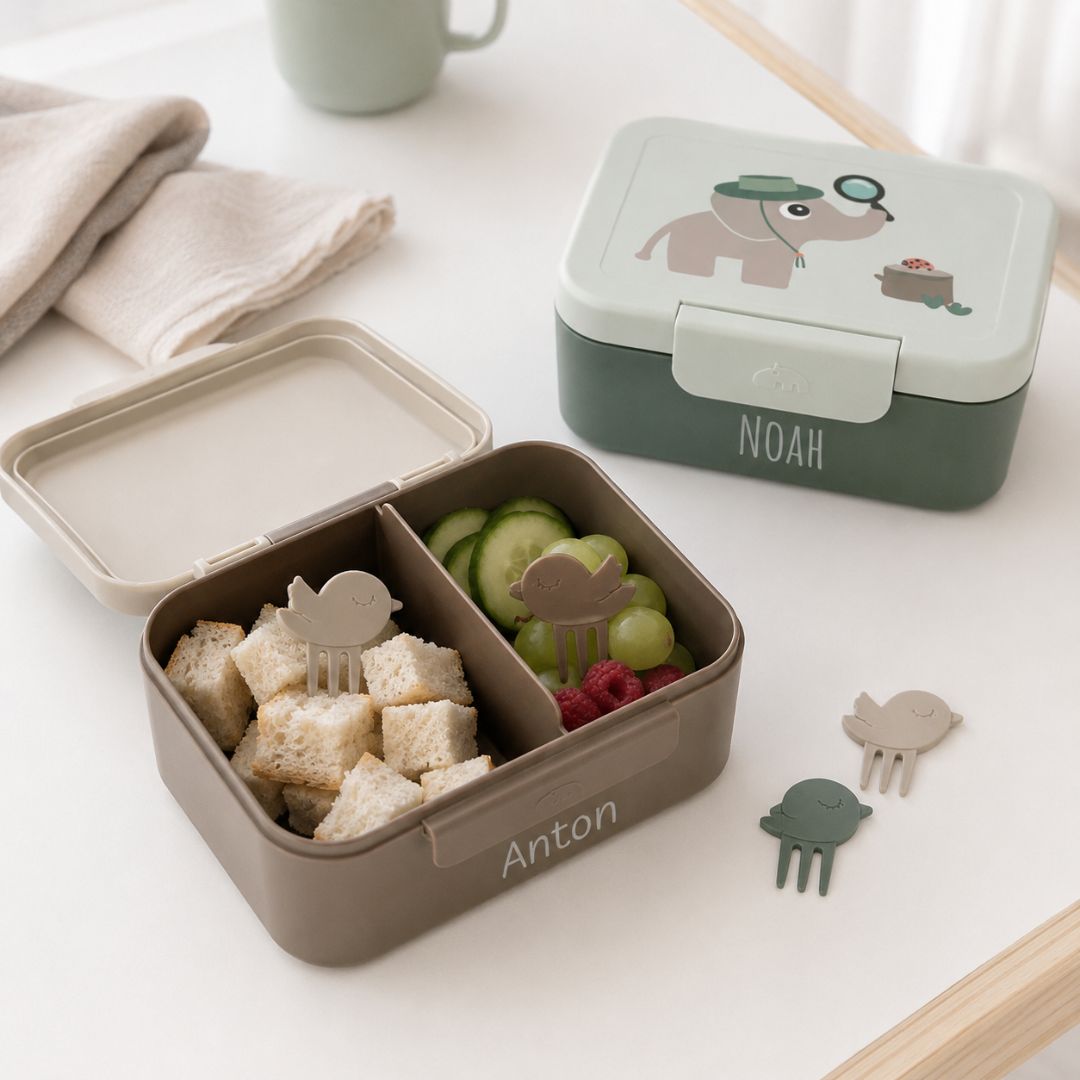 DONEBYDEER Snackbox klein mit Snack Gabeln personalisiert - Tiny Trails - wunderwunsch