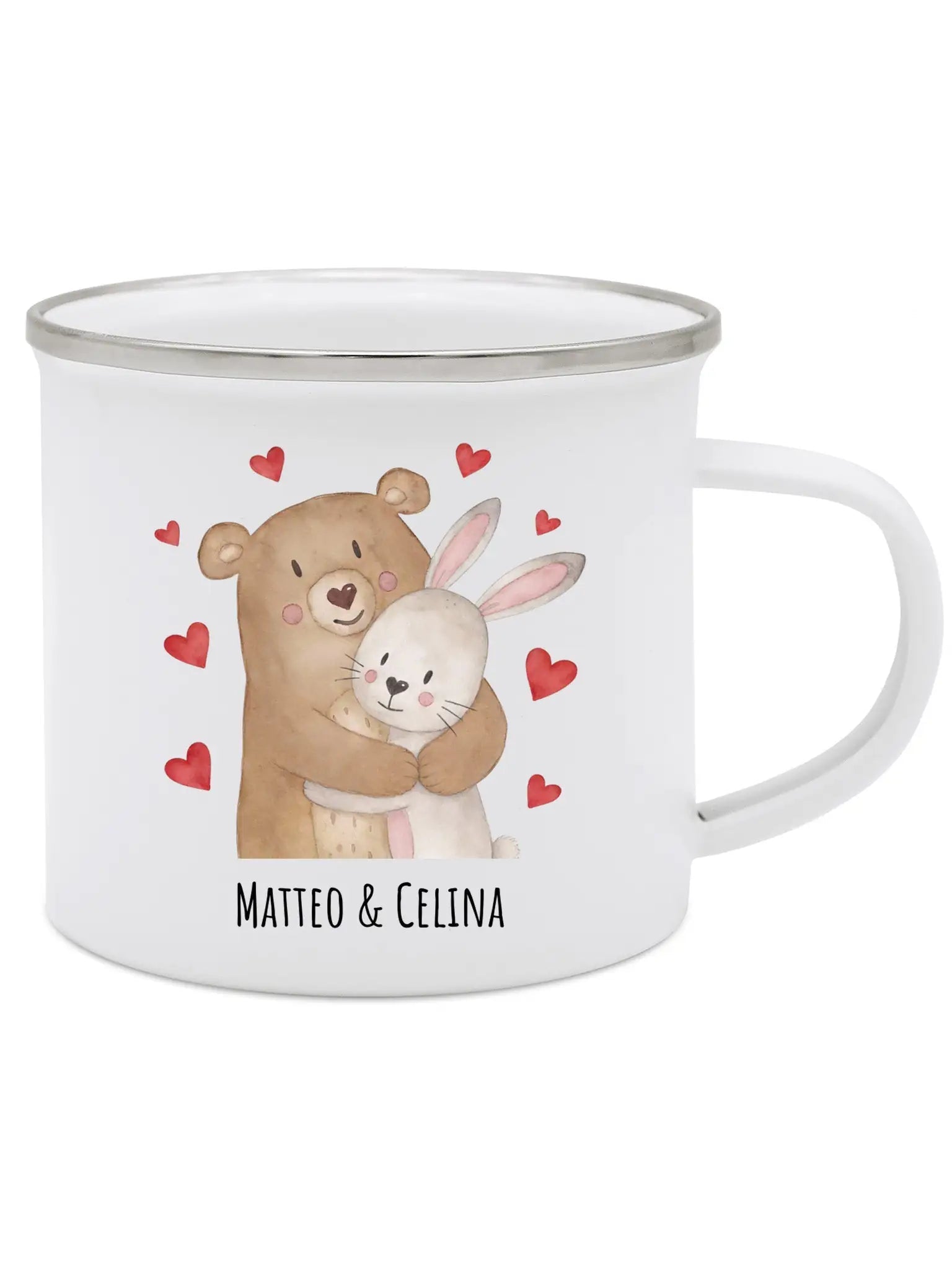 Emaille Kindertasse personalisiert - Bär umarmt Hase - wunderwunsch