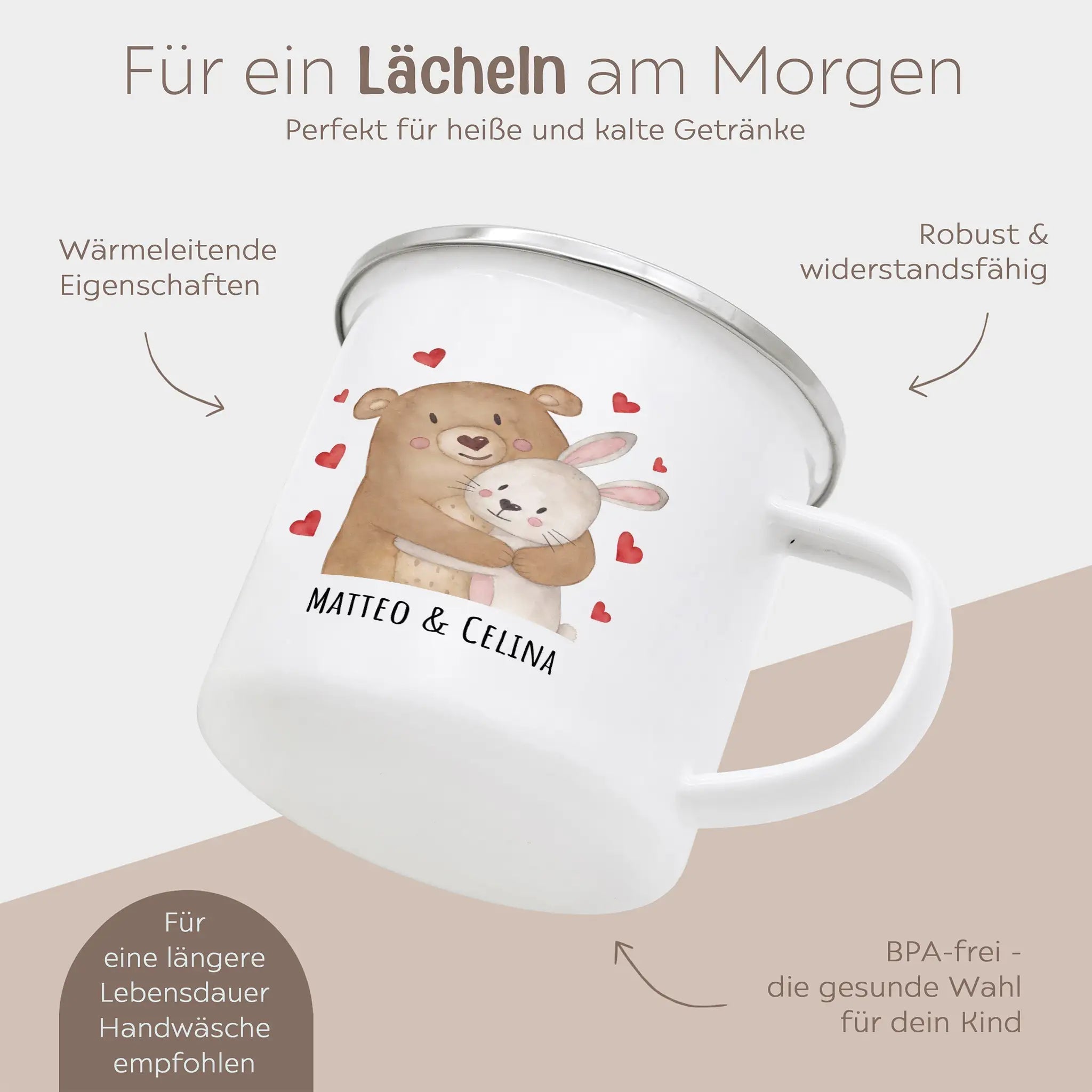 Emaille Kindertasse personalisiert - Bär umarmt Hase - wunderwunsch