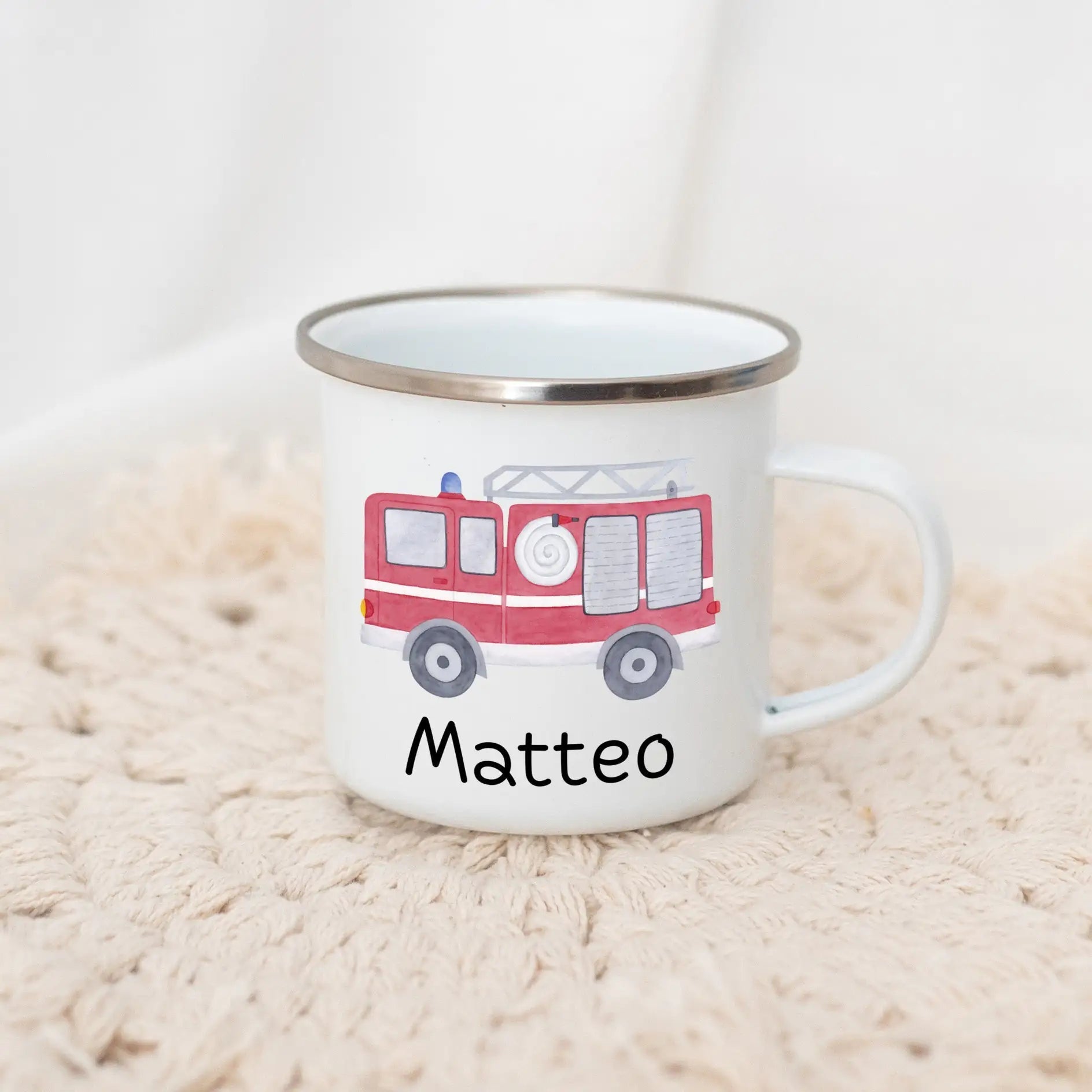 Emaille Kindertasse personalisiert - Fahrzeuge Aquarell - wunderwunsch
