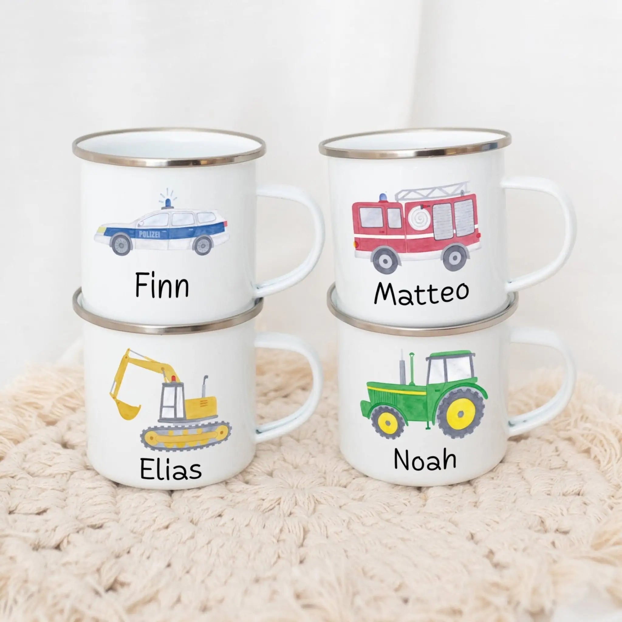 Emaille Kindertasse personalisiert - Fahrzeuge Aquarell - wunderwunsch