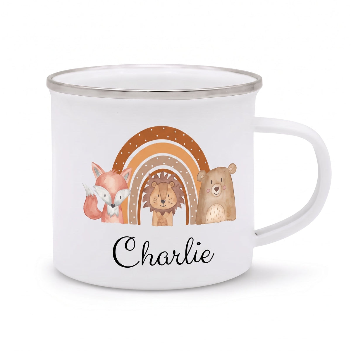 Emaille Kindertasse personalisiert - Fuchs, Löwe, Bär Regenbogen Aquarell - wunderwunsch