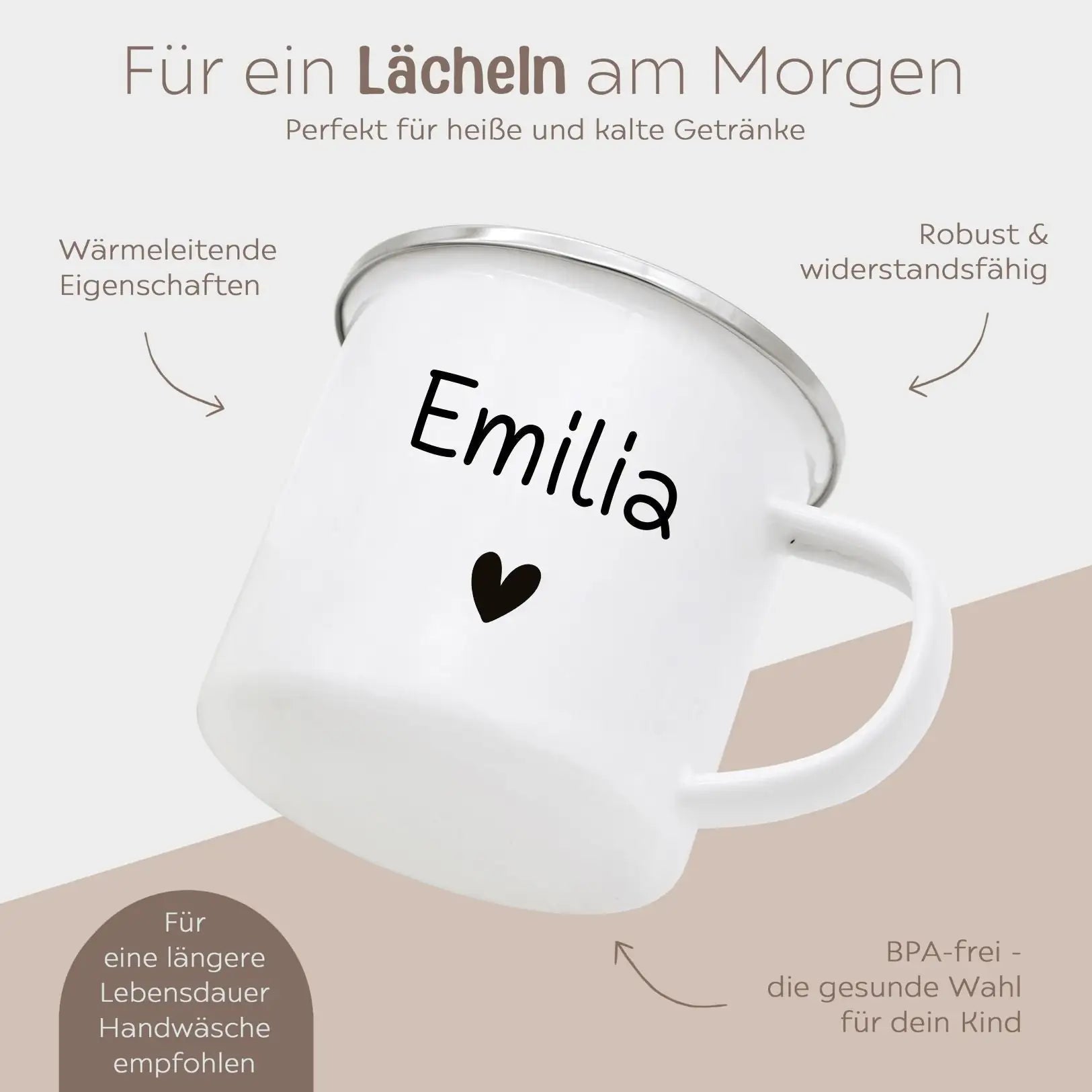 Emaille Kindertasse personalisiert - Name Herz - wunderwunsch