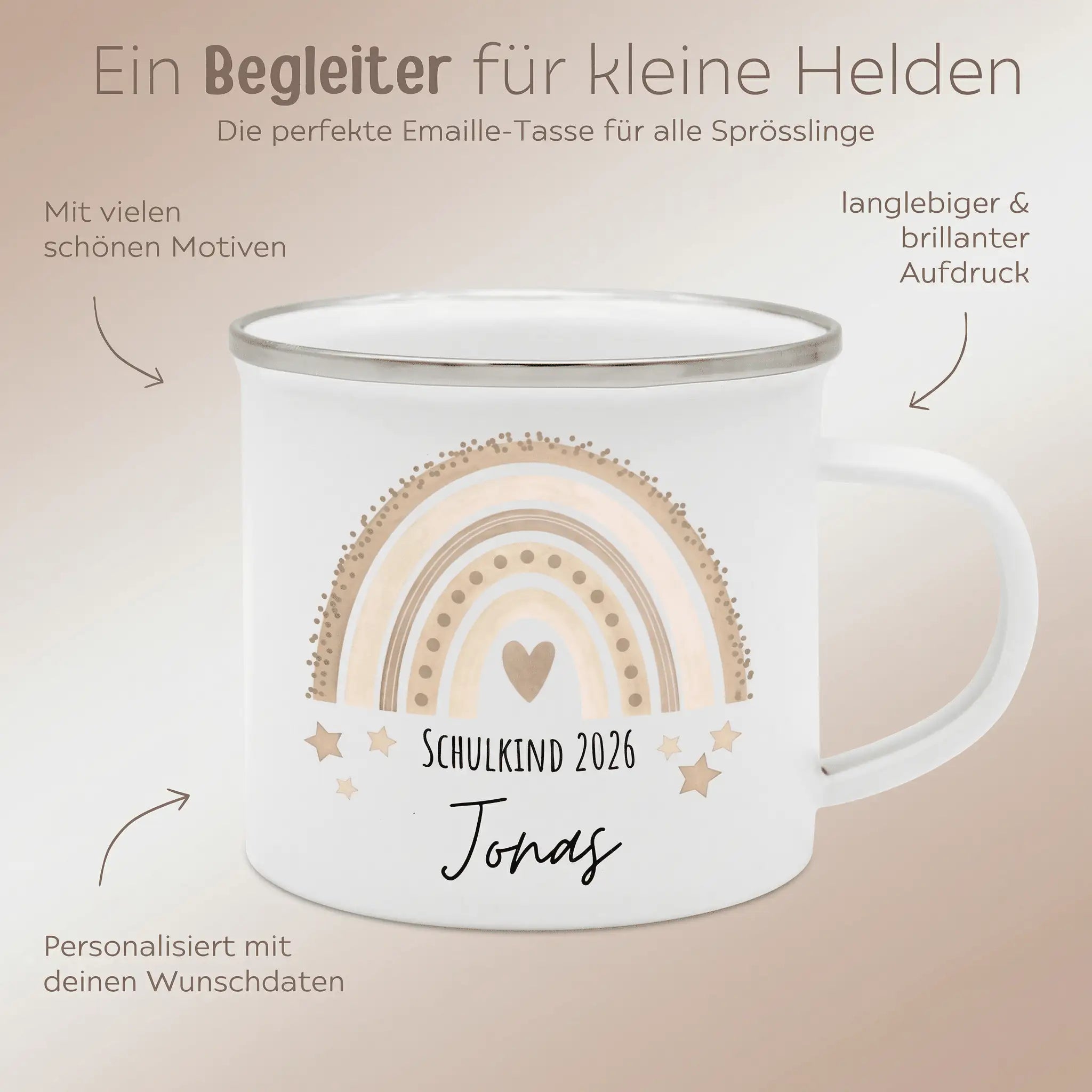 Emaille Kindertasse personalisiert - "Schulkind 2026" Regenbogen Punkte Aquarell - wunderwunsch
