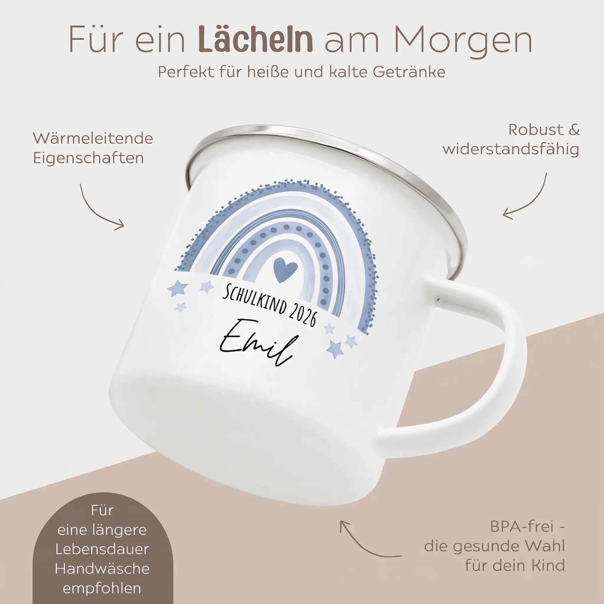 Emaille Kindertasse personalisiert - "Schulkind 2026" Regenbogen Punkte Aquarell - wunderwunsch