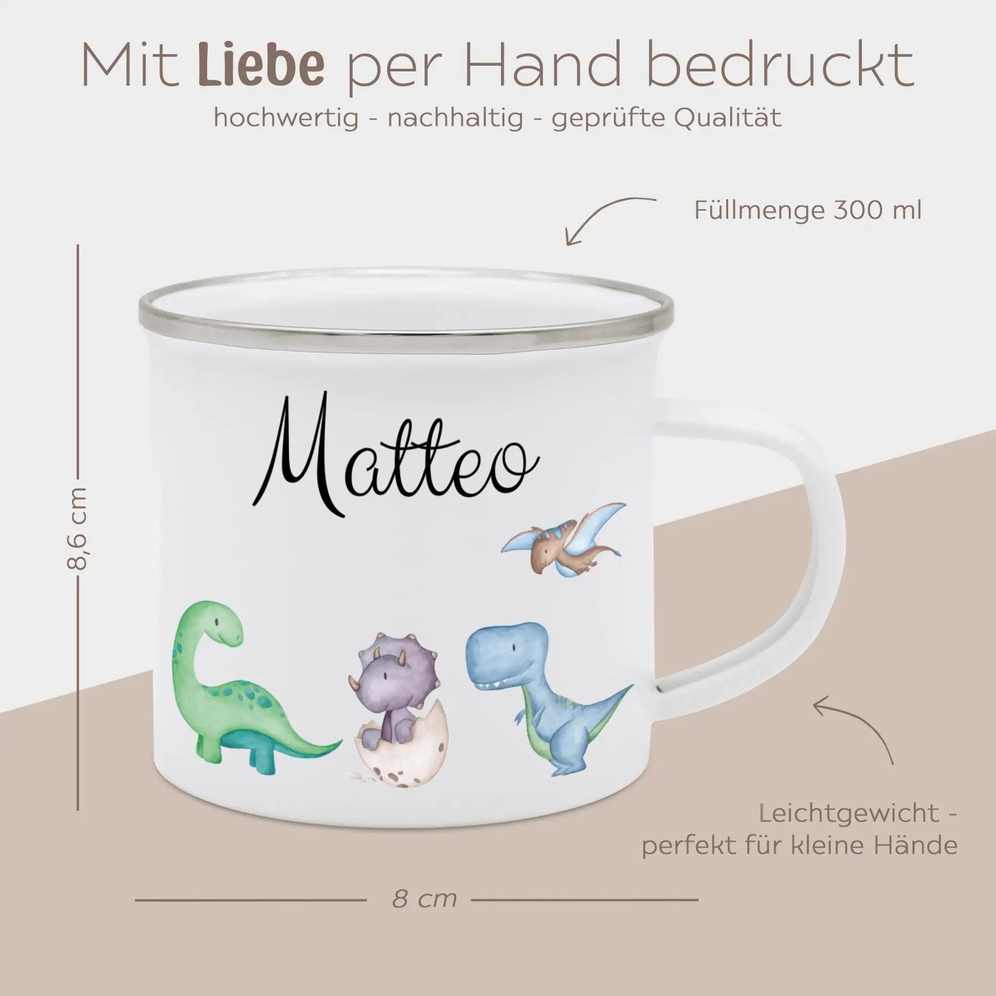 Emaille Kindertasse personalisiert - Tiere oder Dinos unten Aquarell - wunderwunsch